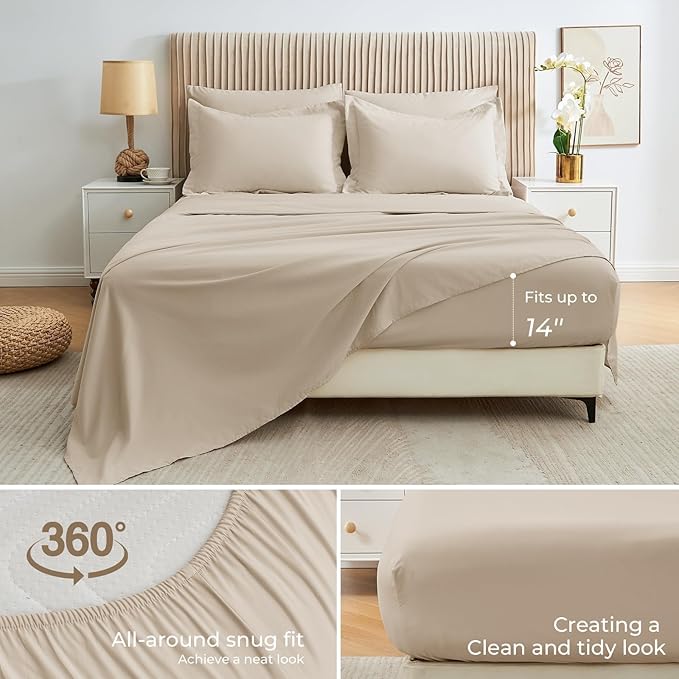 Sasttie King Size Comforter Set, 7 Pieces Bed in a Bag King, Complete Bedding Set Includes Comforter, Flat Sheet, Fitted Sheet, Pillowcases and Pillow Shams, Beige