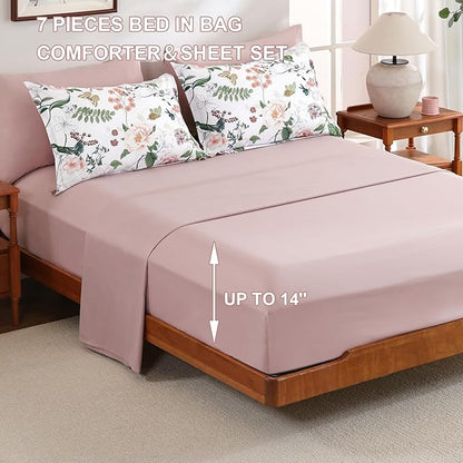 Anibedding 7Pieces Floral Queen Size Comforter Set, Garden Plant Style Bed in a Bag Pink Flower Bedding Comforter Set with Pillow Case for Bedroom