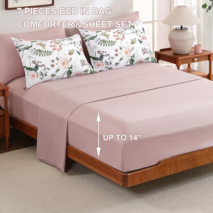 Anibedding 7Pieces Floral King Size Comforter Set, Garden Plant Style Bed in a Bag Pink Flower Bedding Comforter Set with Pillow Case for Bedroom