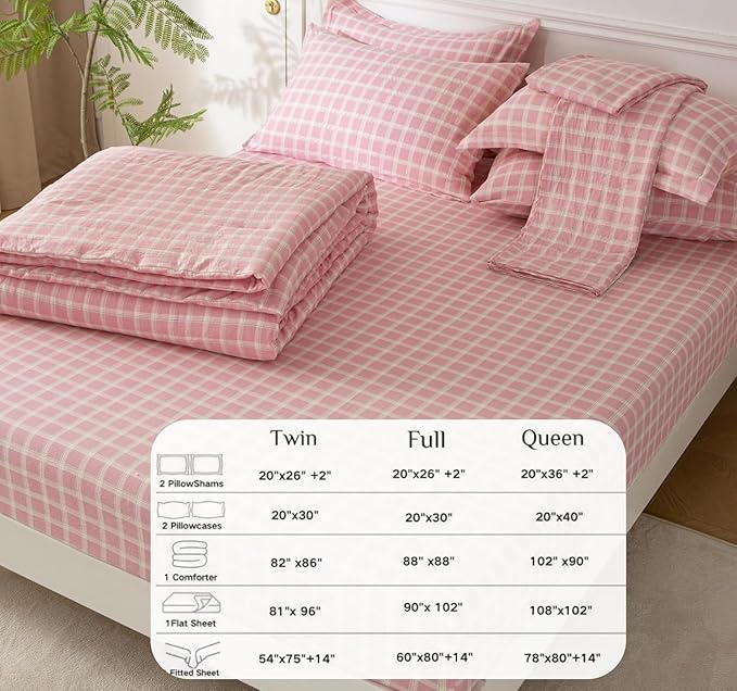 SDY 7PCS Pink Plaid Comforter and Sheet Set Queen Size, Super Soft Microfiber Gingam Bedding Set for Kids Girls Includes 1*Comforter,1* Flat Sheet, 1*Fitted Sheet,2*Pillowcases and 2*PillowcaseShams