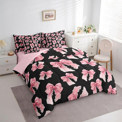 Erosebridal Black Pink Bow Girls Cute Y2K King 7-Piece Comforter Set | Bowknot Kawaii Sheets and Pillowcases Lace Princess Bed in A Bag Dreamy Bed Sets