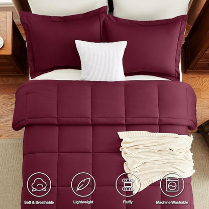 CozyLux Queen Comforter Set - Burgundy Comforters Queen Size, 3 Pieces Box Stitched Bed Set for All Seasons, Soft Lightweight Bedding Sets with 1 Down Alternative Comforter and 2 Pillow Shams