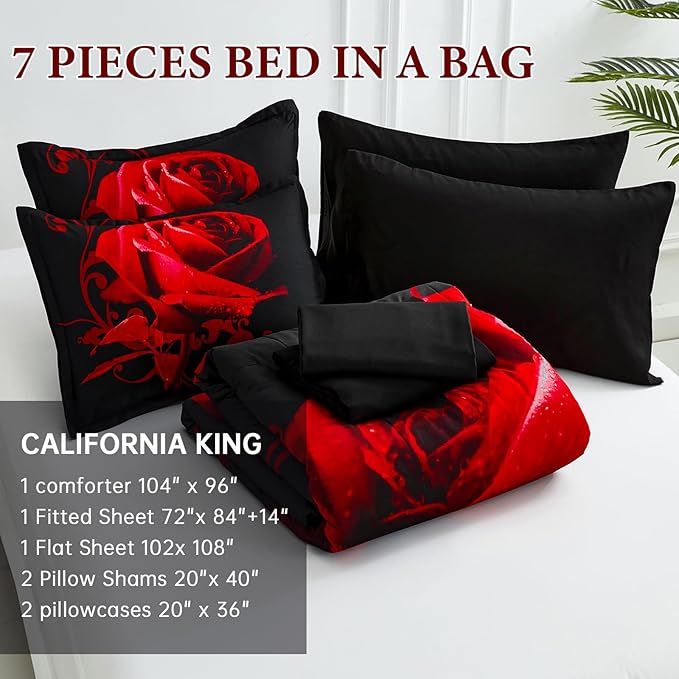 WONGS BEDDING Red Comforter Set Cal King, Reversible Red Rose 7 Pieces Bed in a Bag, Lightweight Soft Microfiber Bedding Sets with Comforter, Flat Sheet, Fitted Sheet, Pillowcases & Shams