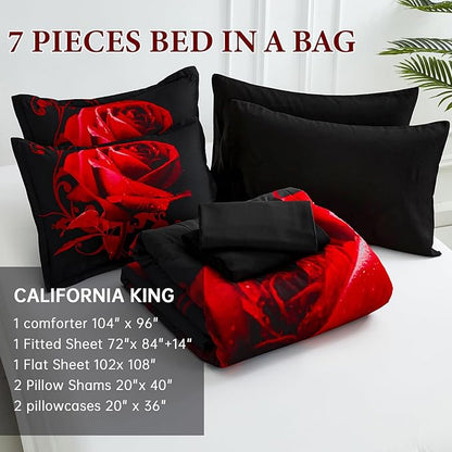 WONGS BEDDING Red Comforter Set Cal King, Reversible Red Rose 7 Pieces Bed in a Bag, Lightweight Soft Microfiber Bedding Sets with Comforter, Flat Sheet, Fitted Sheet, Pillowcases & Shams