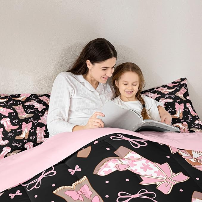 Feelyou Black Pink Western Bedding Set Cowgirl Cowboy Boots Comforter Set for Kids Boys Girls Teens Room Decor Cute Bowknot Dreamy Princess Style Comforter Queen Size Girly Duvet Set 3Pcs
