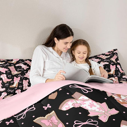 Feelyou Black Pink Western Bedding Set Cowgirl Cowboy Boots Comforter Set for Kids Boys Girls Teens Room Decor Cute Bowknot Dreamy Princess Style Comforter King Size Girly Duvet Set 3Pcs