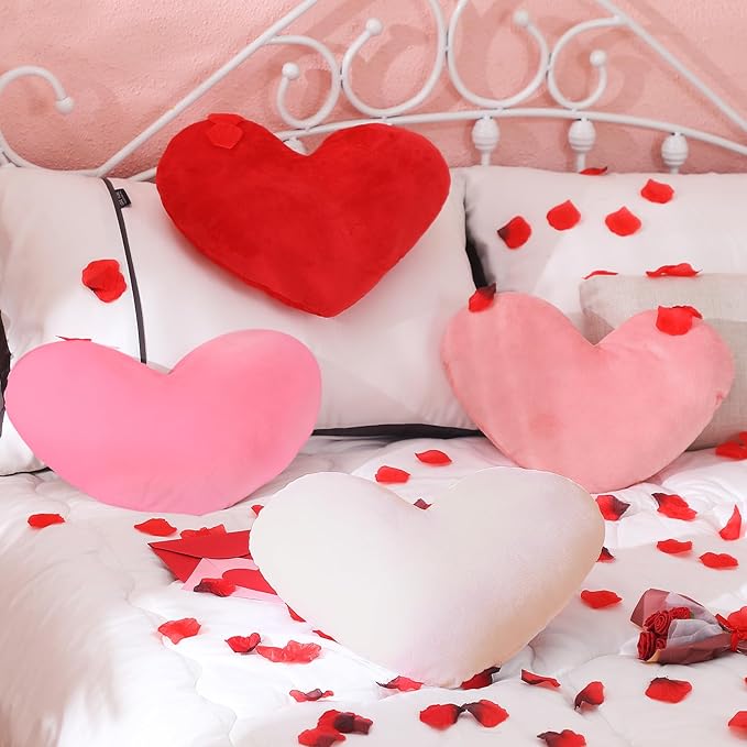 Suzile 4 Pcs Valentine's Day Heart Throw Pillows Red White Pink Heart Shape Plush Love Pillow Soft Decorative Back Cushion Valentine Decorative Pillows for Women Bed Sofa Chair Home Decor Wedding Gift