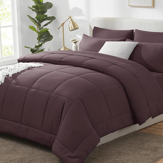 CozyLux Queen Size Comforter Sets Cocoa Powder, 7 Pieces Bed in a Bag, Cocoa Powder Comforter Queen Size, All Season Bedding Sets with Stitch Quilted Comforter, Flat Sheet, Fitted Sheet, Pillowcases
