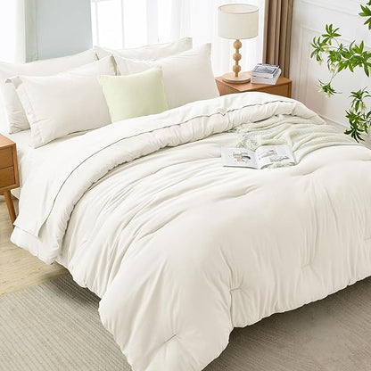MUXHOMO 7 Pieces Full Comforter Set, Soft Bed in a Bag Full Size, All Season Bedding Set with Comforter, Flat Sheet, Fitted Sheet, Pillowcases & Shams, Ivory