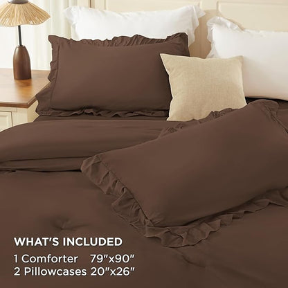 Andency Brown Full Size Comforter Set (79x90Inch), 3 Pieces Fluffy Farmhouse Shabby Chic Ruffle Bedding Comforter Sets, All Season Soft Lightweight Bed Set