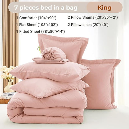 MUXHOMO 7 Pieces King Comforter Set, Soft Bed in a Bag King Size, All Season Bedding Set with Comforter, Flat Sheet, Fitted Sheet, Pillowcases & Shams, Rose Gold