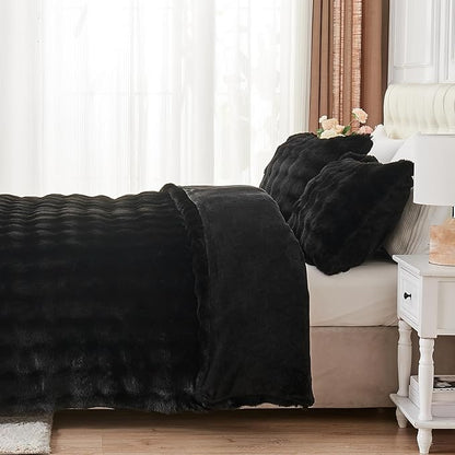 Lotus Karen Faux Fur Black Comforter King – Big Bubble Faux Rabbit Fur Winter Fluffy Comforter Sets, Warm Cozy Fuzzy Bed Set 3 Pieces, 1 Comforter and 2 Pillowcases