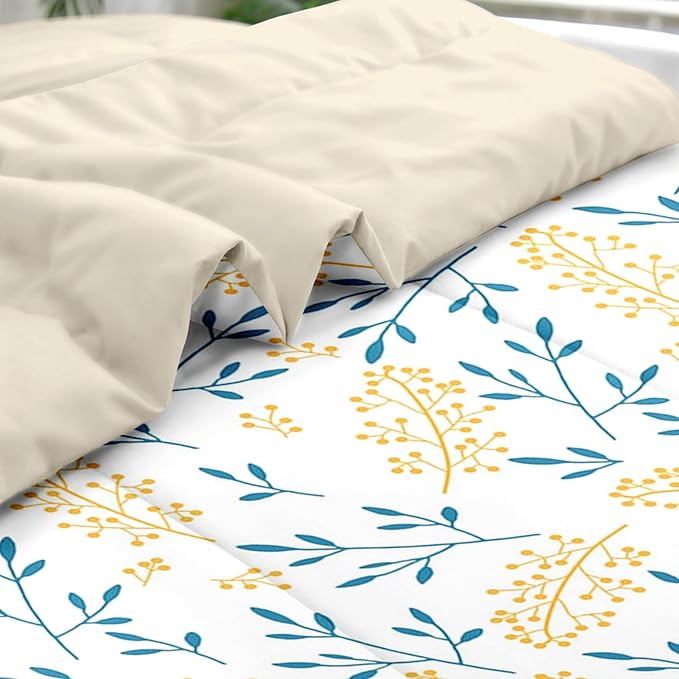 Comforter Set King Size, Floral Yellow Flower 7 Pcs Bedding for Kids and Adults, Blue Leaves Summer Bed Sheet Sets with Fitted Sheet 2 Pillowcases & 2 Shams for Bedroom Bed Decor