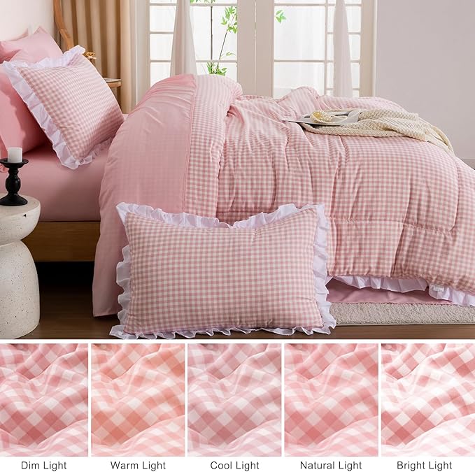 A Nice Night Comforter Set Full, 5 Pieces Lightweight Soft Rustic Pink Ruffle Comforter, Plaid Checkered Chic Bedding Set with Pillow Shams