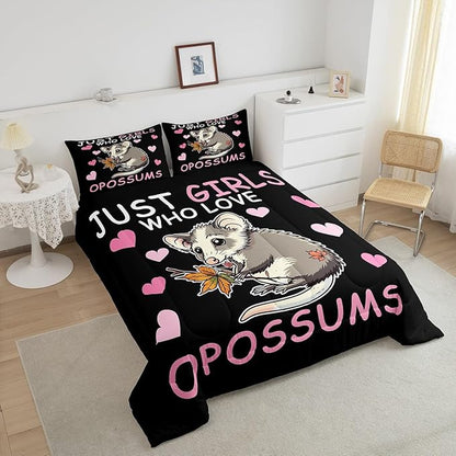 Cute Cartoon Animal Theme Bed Comforter Set Queen Size,Girl Pink Love Heart Pattern Super Soft Microfiber Bedding Set for Adults Men,Opossum Decorative Comforter Set,3 Pcs