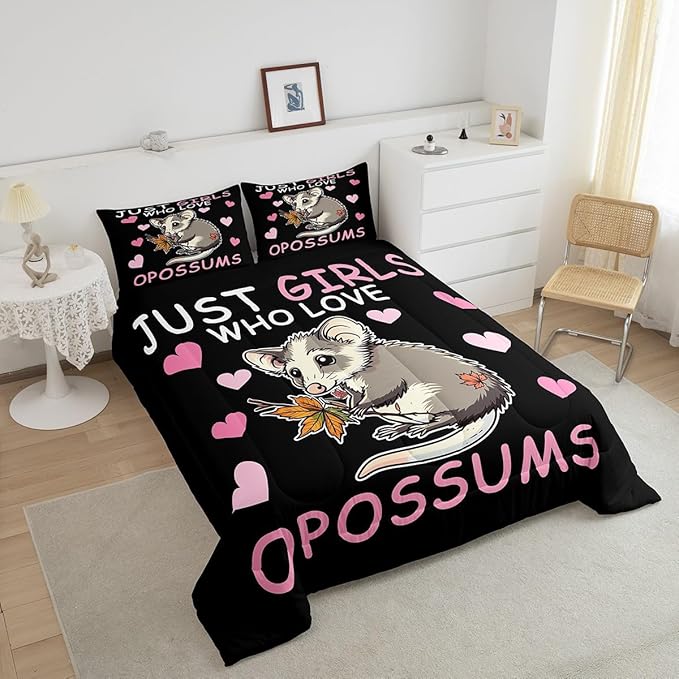 Opossum Boys Kids Comforter Set Full Size,Girl Pink Love Heart Pattern Duvet Set Room Decor,Cute Cartoon Animal Theme Brushed Microfiber Soft Bedding Comforter