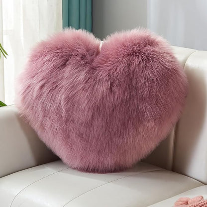HANDKEI Love Pillow, Heart-Shaped Long Plush, Pink Imitation Wool, Living Room Sofa, Cute Cushion, Bedside Cushion (Coffee Color, 13.77 inch X 17.71 inch)