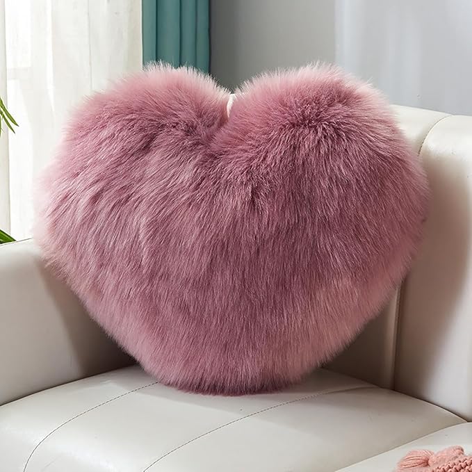 HANDKEI Love Pillow, Heart-Shaped Long Plush, Pink Imitation Wool, Living Room Sofa, Cute Cushion, Bedside Cushion (Brown, 13.77 inch X 17.71 inch)