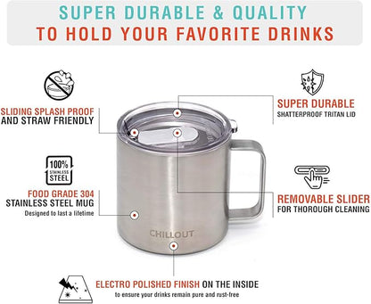 CHILLOUT LIFE Stainless Steel 16 oz Vacuum Insulated Coffee Mug with Handle and Lid, Large Thermal Camping Coffee Mug Cup with Durable Sliding Lid for Men & Women, Keeps your Beverages Hot & Cold
