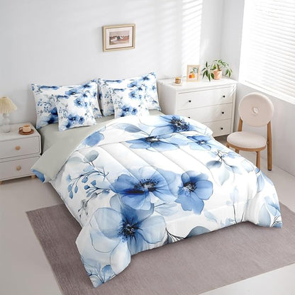 Erosebridal Blue Flower King 7 Pcs Bedding Set for Women, Boho Floral Comforter Set with Sheets for Girls, Aesthetic Watercolor Flower Chic Bed Sets, Ink Painting Style Blossom & Leaf Bed in A Bag