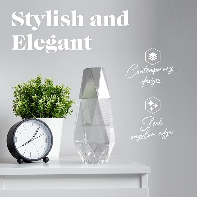 American Atelier 37 oz Fifth Avenue Decorative Bedside Water Carafe & Tumbler with Lid – 9" Silver Glass Pitcher Set for Nightstand, Guest Room, Office & Bedroom Hydration, Elegant Drinkware (Silver)