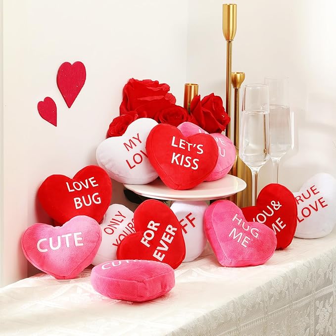 Kathfly 16 Pcs Valentine's Day Conversation Heart Plush Throw Pillows Candy Plush Conversation Hearts Valentines Stuffed Throw Pillow Decoration for Wedding Holiday Party Favors(White, Pink, Red)