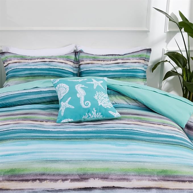Holawakaka Beach Stripe Bedding Sets 6 Pieces, Aqua Coastal Striped Comforter Set King Size All Season Geometric Bed Set, Nautical Bed in a Bag with Comforter, Sheets and Shams