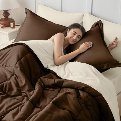 JOLLYVOGUE Twin XL Comforter Set, Ultra-Soft Bed in a Bag Twin XL Size 5 Pieces, Oeko-TEX Certified Bedding Set with Down Alternative Comforter, Sheets, Pillowcases & Shams, Brown & Beige