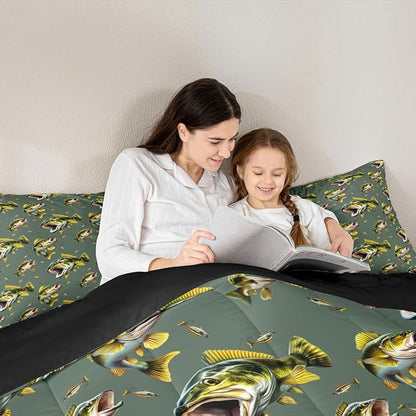 Erosebridal Bass Fishing Full Bedding Set - Pike Fish Theme Comforter Set for Boys Kids Teen | Hunting Fisherman Quilt | Lake House Rustic Cabin Bedroom Decor with 2 Pillowcases