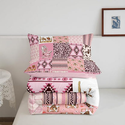 Feelyou Pink Aztec Bedding Set King Size, Kids Western Decor Comforter Set Wild West Cowboy Cowgirl Comforter Boho Style Duvet Insert Bed Set 3Pcs