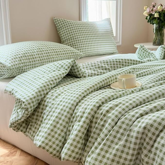 NSNLGSGC Sage Green Gingham Cotton Comforter Set Twin, 100% Washed Cotton Green Plaid Checked Comforter Bedding, 2 Pieces Vintage Farmhouse Grid Bedding Set(Sage Green Gingham, Twin)