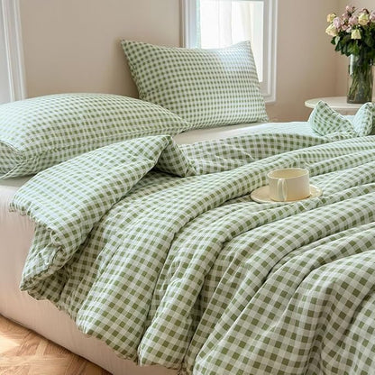 NSNLGSGC Sage Green Gingham Cotton Comforter Set Twin, 100% Washed Cotton Green Plaid Checked Comforter Bedding, 2 Pieces Vintage Farmhouse Grid Bedding Set(Sage Green Gingham, Twin)