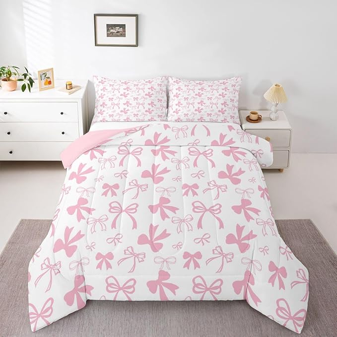 Erosebridal Pink Bow Bedding Set for Girls,Cute Kawaii Bowknot Comforter Set Twin Size for Kids Teen Women,Romantic Coquette Bow Bedding Comforter Sets Dreamy Princess Style Bed Set