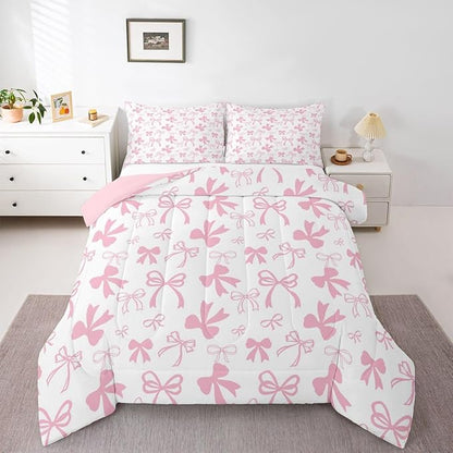 Erosebridal Pink Bow Bedding Set for Girls,Cute Kawaii Bowknot Comforter Set Full Size for Kids Teen Women,Romantic Coquette Bow Bedding Comforter Sets Dreamy Princess Style Bed Set