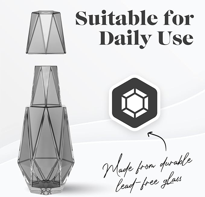 American Atelier 37 oz Modern Geometric Bedside Carafe & Cup Set – 9" Glass Water Carafe with Lid for Nightstand, Office, Guest Room, Hydration, Juice & Mouthwash Storage, Stylish Drinkware (Grey)