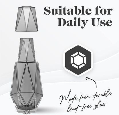 American Atelier 37 oz Modern Geometric Bedside Carafe & Cup Set – 9" Glass Water Carafe with Lid for Nightstand, Office, Guest Room, Hydration, Juice & Mouthwash Storage, Stylish Drinkware (Grey)