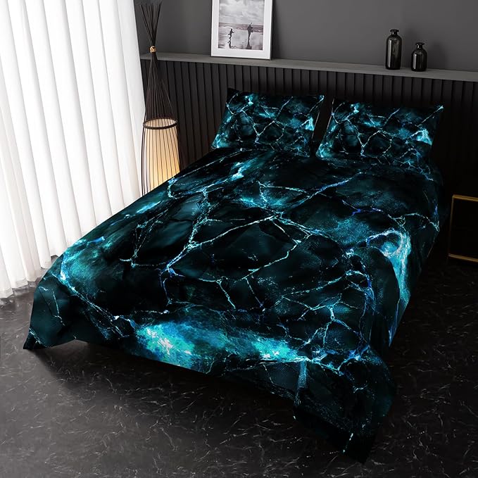 Blue Comforter Set Full Size，Blue Marble Bedding Set 3 Pcs Bedding for Adults, Marble Room Decor with Comforter and 2 Pillowcases Soft and Lightweight B-Side Black