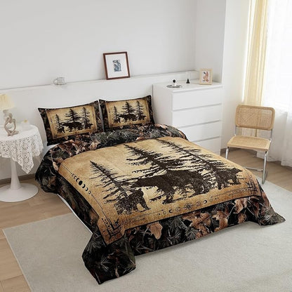 Erosebridal Tree Camo Cabin Comforter Set Full Rustic Farmhouse Bedding Sets Camouflage Hunting Wildlife Bear Bedding Comforter Sets for Boys Teen Men,Woodland Pine Tree Animal Quilt Set 3 Pcs