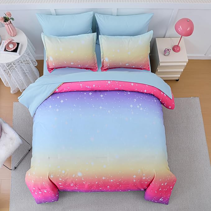 Drucon Girls Comforter Set Twin, 6 Pieces Bed in A Bag Gradient Colorful Pink Blue Ombre Glitter Bedding Set (1 Comforter, 1 Flat Sheet, 1 Fitted Sheet, 1 Pillow sham, 2 Pillowcases)