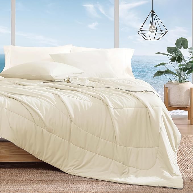 Monbix ChillChilla Cooling Comforter Queen Size-3 Pieces Cooling Blankets for Hot Sleepers and Night Sweats, Double-Sided Summer Queen Comforter Set, Breathable Lightweight Blanket Cream White