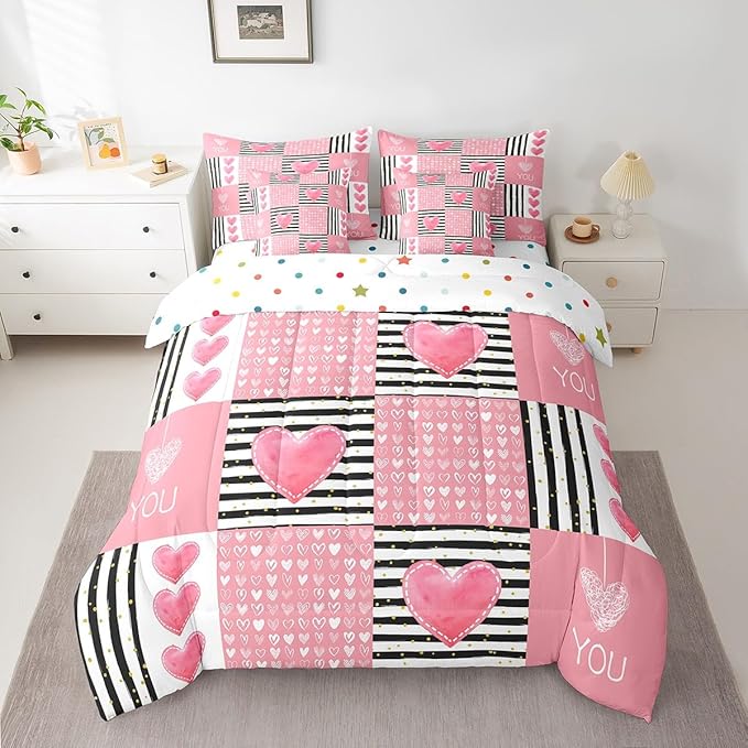 Feelyou Full Size Girls Like Cartoon Cute Comforter Set with Sheets Boys Girls Pink Heart-Shaped 7 Piece Bedding Set for Adult Black Pink Romantic Bed in a Bag Geometric Bed Set