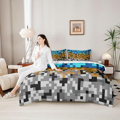 Kids Pixelated Miners Gaming 7pcs Comforter Set Full Size,Blue Brown Grey Bedding Set Boys Teens Room Decor,Construct Theme Games Flat + Fitted Sheet Geometric Block 2 Cushion Cover,2 Pillowcase