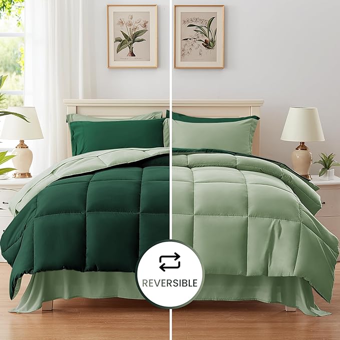 Anluoer Full Comforter Set,Emerald Green&Sage Bed in a Bag 7 Piece,Lightweight Bedding Set with Soft Down Alternative Fill,Bed Set Includes Comforter, Fitted Sheet, Flat Sheet,Pillowcases and Shams