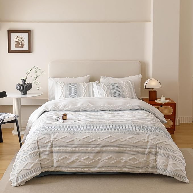 KAREVER Ivory Blue Boho Comforter Set Queen Mixed Textures Jacquard Bedding Set Durable Chic and Stylish Bedroom Set