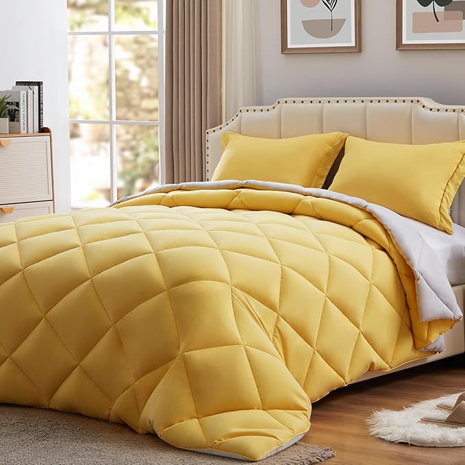 NexHome Queen Comforter Set Yellow&Grey,3 Pieces Lightweight Comforters Queen Size Reversible Bedding Comforters Sets,Down Alternative Comforter Bed Set Quilt Blanket(88x88In Comforter & 2 Pillowsham)