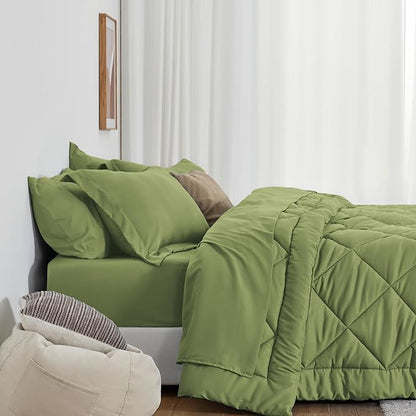 Love's cabin Twin XL Comforter Set Olive Green, 5 Pieces Twin XL Bed in a Bag, All Season Bedding Sets with 1 Comforter, 1 Flat Sheet, 1 Fitted Sheet, 1 Pillowcase and 1 Pillow Sham