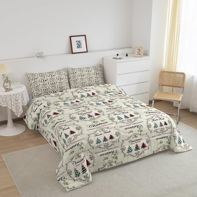 Christmas Tree Comforter Set Full Size,Kids Colorful Stars Candy Snowflake Reversible Printed Bedding Set,Girls Boys Room Decor,Red Green Plaid Quilt Set Vintage Khaki Graffiti Duvet Insert 3Pcs