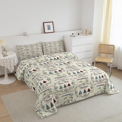 Christmas Tree Comforter Set Full Size,Kids Colorful Stars Candy Snowflake Reversible Printed Bedding Set,Girls Boys Room Decor,Red Green Plaid Quilt Set Vintage Khaki Graffiti Duvet Insert 3Pcs