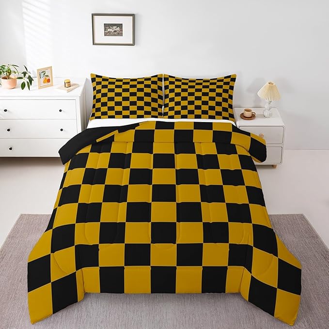 Feelyou Checkered Bedding Set Teen Women Men Yellow Black Plaid Comforter Set Full Size Kids Boys Girls Cute Retro Neutral Checkerboard Geometric Duvet Insert Vintage Aesthetic Room Decor