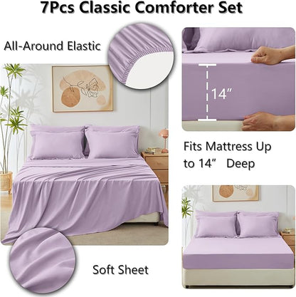 CozyLux Queen Comforter Set Light Purple - Bed in a Bag Queen Size 7 Pieces, Luxury Soft Lavender Bed Set for All Seasons, Bedding Set with Down Alternative Comforter, Sheets, Pillowcases & Shams